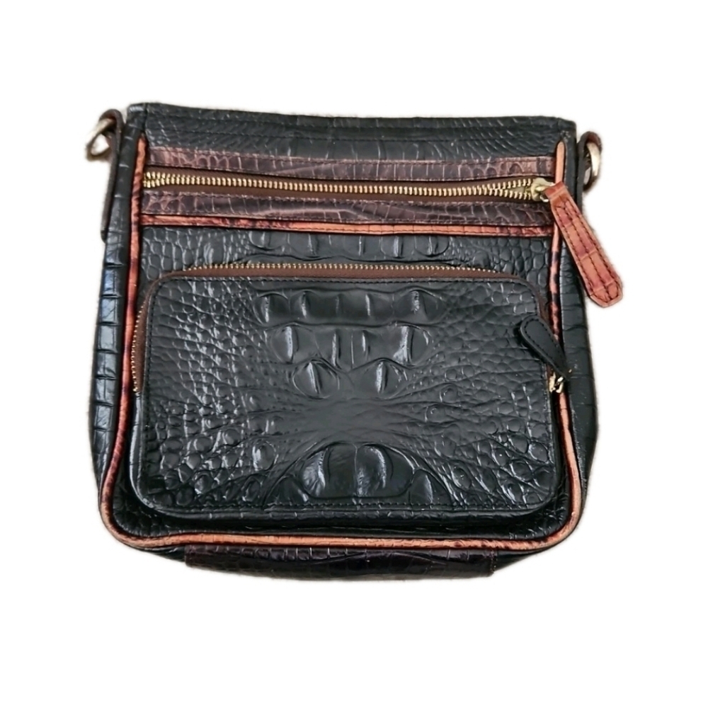 Brahmin Black And Brown Croc Embossed Cleo Melbourne Leather Classic Bag